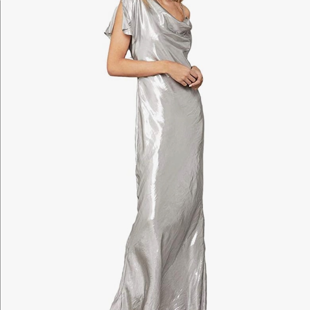 Satin One Sleeve Metallic Cowl Neck Column Gown